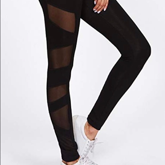 Black Mesh Panel Side High Waist Leggings - Picture 3 of 7